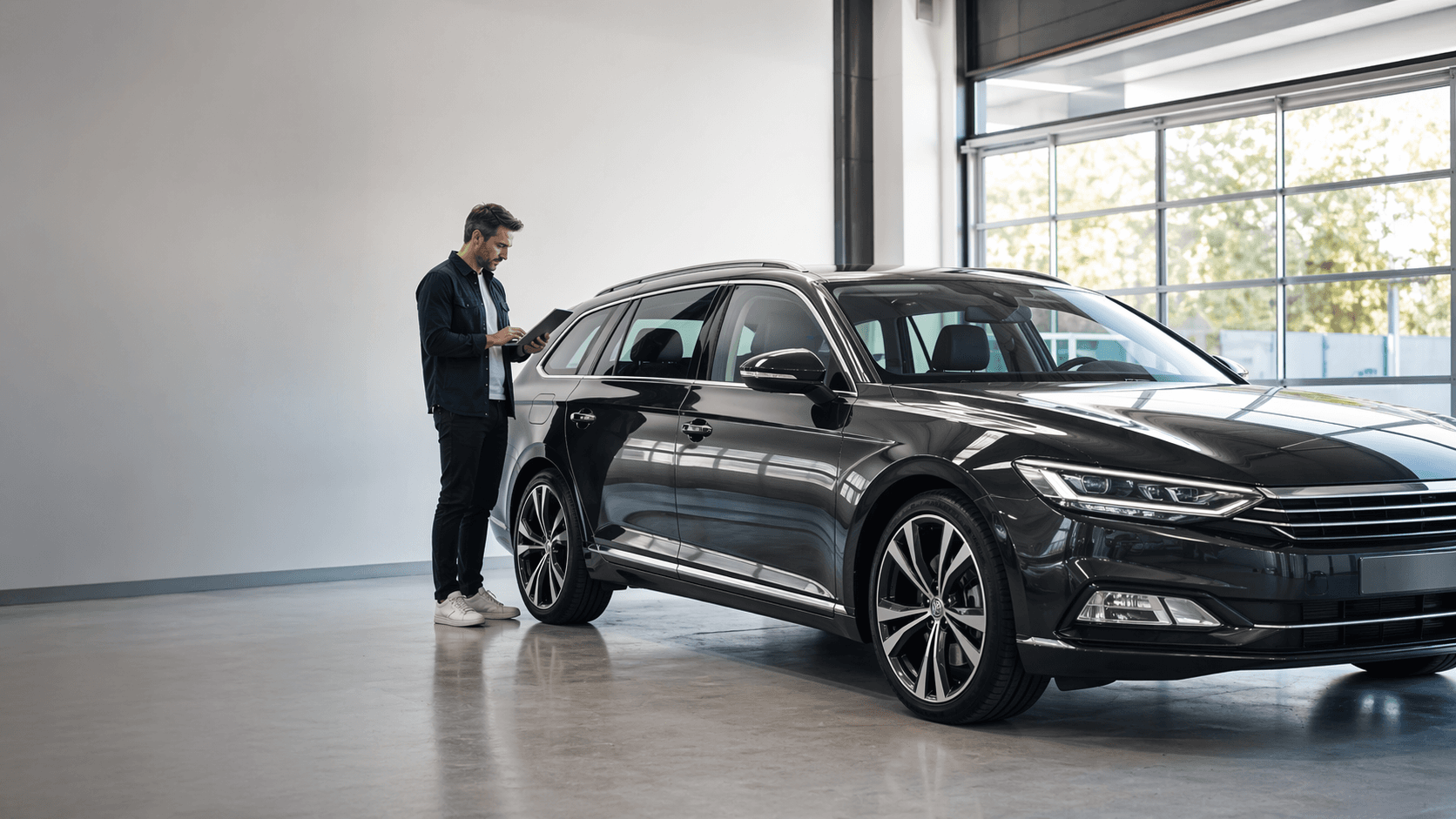 Professional reviewing a used car in a bright showroom